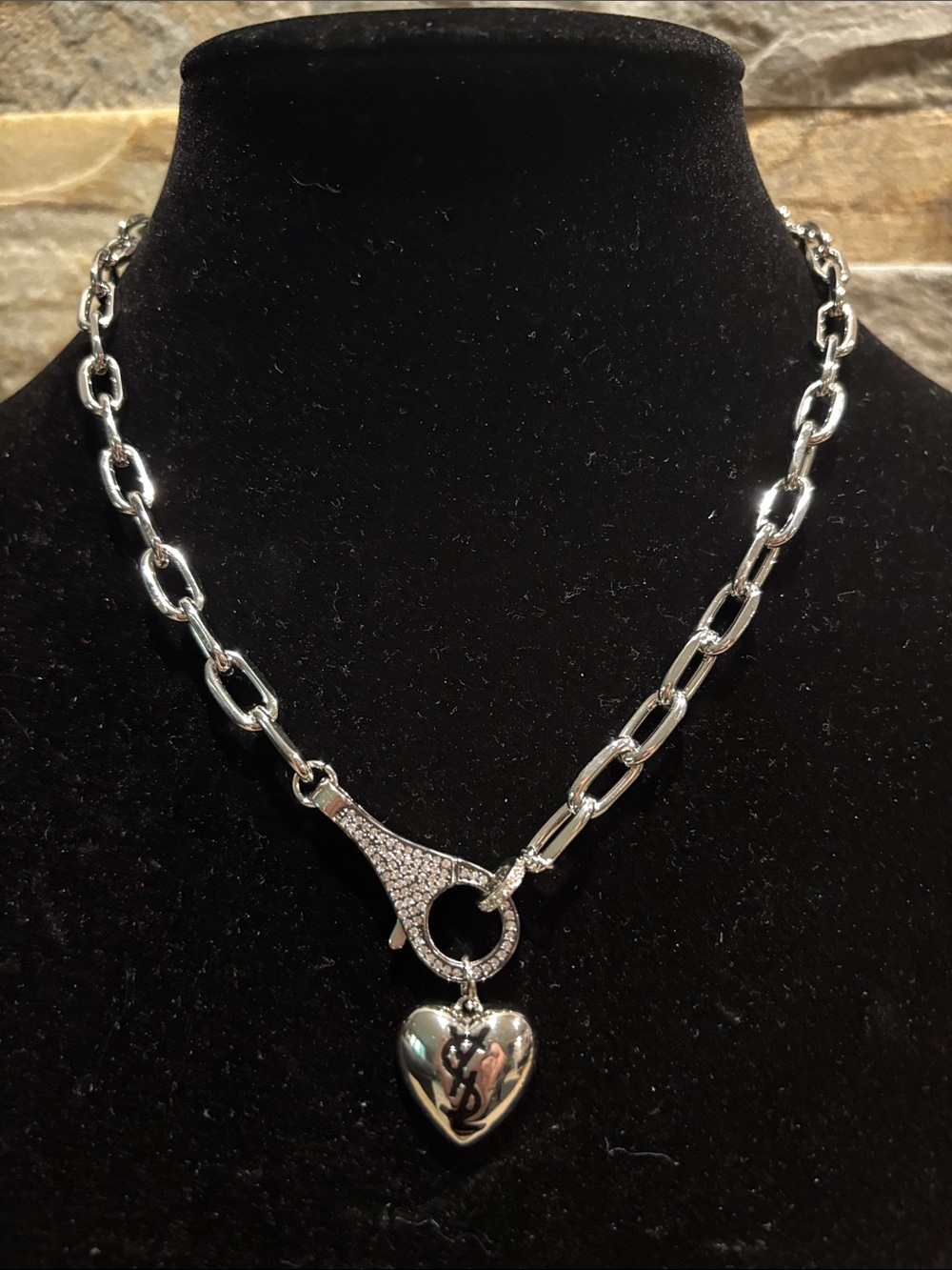 Silver YSL Heart Pendant Necklace with Pavé Toggle